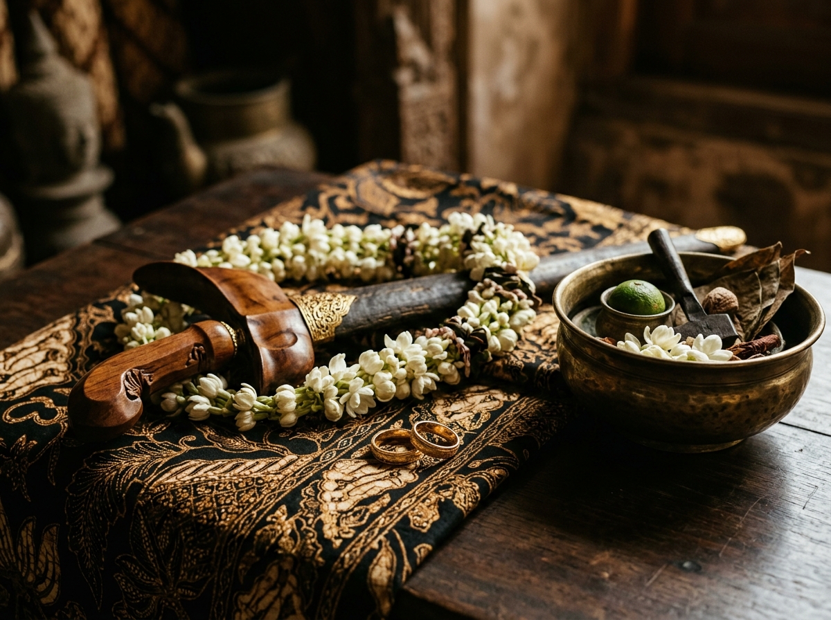 Detail pusaka keris warangka, ronce melati, dan cincin kawin di atas kain batik